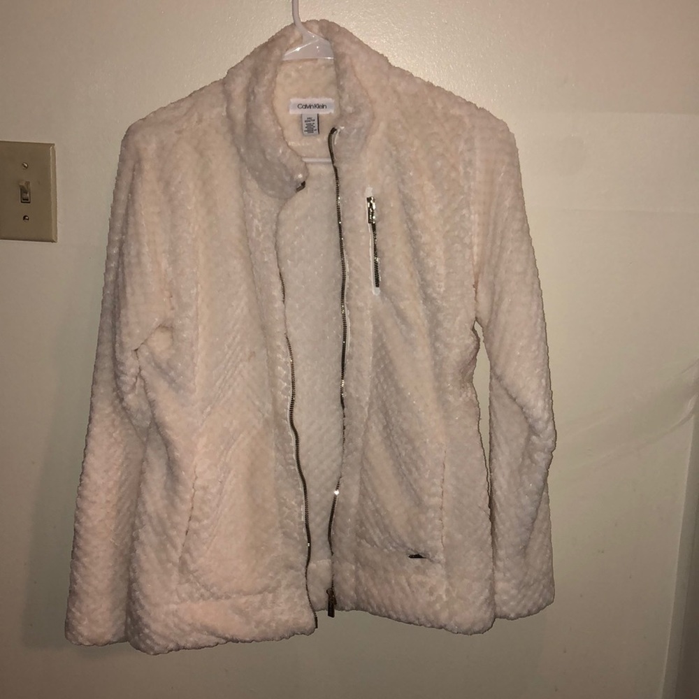 White fuzzy zip up sweater